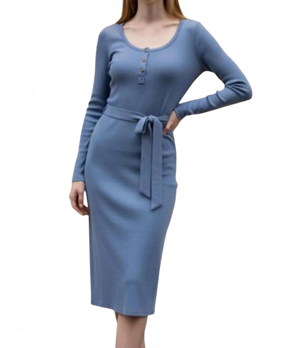 NEW RALPH LAUREN belted rib-knit henley dress in blue dusk